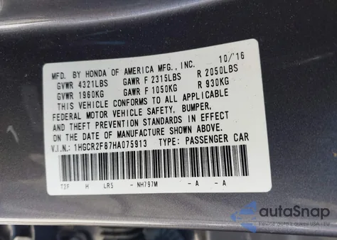 2017 Honda Accord Ex-L из США, поврежденный, VIN 1HGCR2F87HA075913